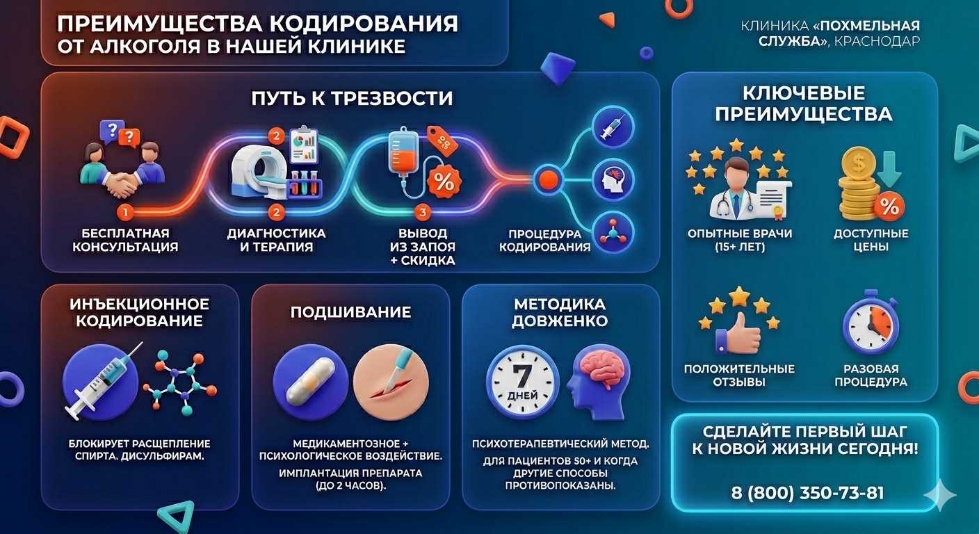 Инфографика о методах кодирования от алкоголя в Плесецке: инъекции, подшивание, метод Довженко. Преимущества клиники и этапы лечения.